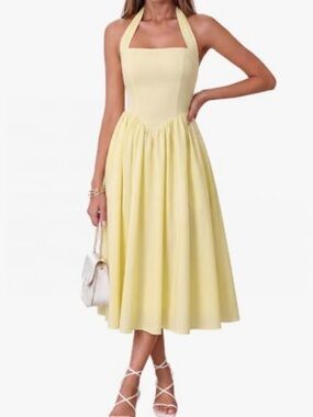 Elegant Vintage Inspired Pale Yellow Halter Midi Dress